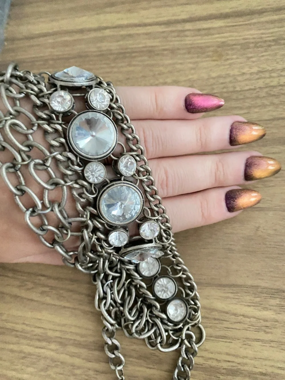 Statement Crystal Multi Chain Bib Necklace Silver Tone Chunky Rhinestone Collar
